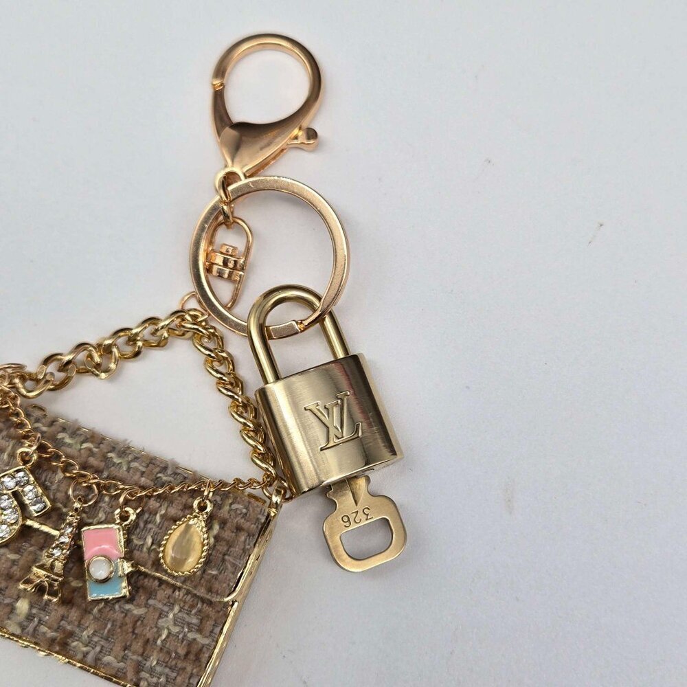Authentic Louis Vuitton Padlock & Key Gold ✨Unbranded Tweed Bag Charm Keychain - Picture 4 of 9